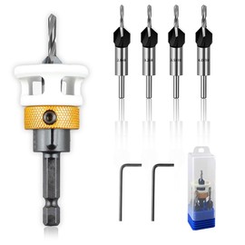 GTNCE Set of 4 Countersink Drill Bits Wood, Adjustable Depth Drill Bits with Countersink, Wood Countersink with Depth Stop & 1/4 Inch Hex Shank, Interchangeable Drills with Hex Key for Wood Processing