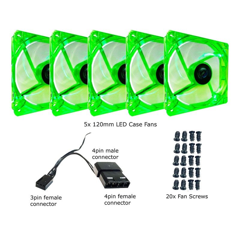 Apevia CF512L-GN 120mm 4pin+3pin Silent Green LED Case Fan (5-pk)