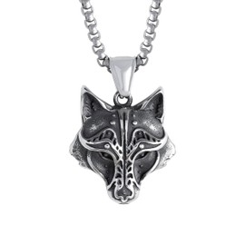 HAQUIL Wolf Necklace, Stainless Steel Viking Wolf Head Pendant, Box Chain, Wolf Jewelry Gift for Men, Stainless Steel, No Gemstone, Silver