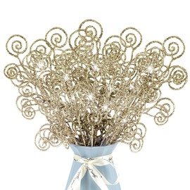 24 Pieces Glitter Christmas Picks Ornaments Decorative Sticks Candy Picks Curly Sprays Twigs for Christmas Tree Branches Vase Fillers Crafts Wreath Garland Party Wedding Holiday (24, Champagne)