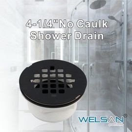 Black No Caulk Shower Drain, Welsan PVC Compression Shower Floor Drain with 4-1/4" Stainless Steel Round Grid Strainer Cover, Matte Black