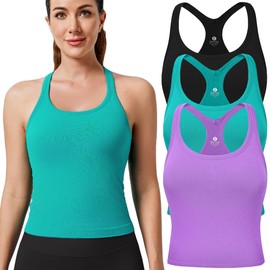 Evercute Women's 1/2/3 Pack Ribbed Workout Tank Tops with Built in Bra Racerback Seamless Crop Tank Tops Camisole Sport Tanks