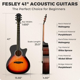 Fesley X 41" Acoustic Guitar Kit for Beginner: 4/4 Full Size Cutaway Acustica Guitarra Bundle for Adult Teen with Gig Bag, Tuner, Strap, Strings, Picks, Capo, FF60, Sunburst