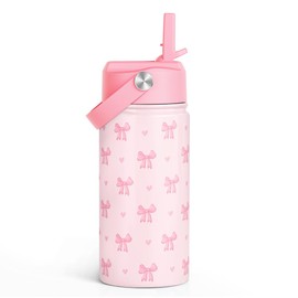 SANDJEST Bow Kids Water Bottle With Straw Lid 12oz Insulated Stainless Steel, Travel Tumbler, Pink Bow Gifts For Toddlers Girls, Birthday, Christmas, Back To School