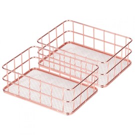 Cyrank Pack of 2 Wire Basket, Metal Basket, Storage Basket, Rose Gold, Metal Storage Basket, Grid Wire Basket, Desk Organiser, Make Up Metal Organiser Basket for Office, Desktop, Home (S)