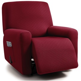 ULTICOR Squared Jacquard Design, 4-Piece, 1 Seat Recliner Cover, Reclining Chair Covers for 1 Cushion Reclining Sofa, Single Seat Recliner Couch Cover, Washable (Recliner Cover, Burgundy - Wine)