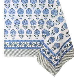 ATOSII Roma Blue 100% Cotton Boho Rectangle Fall Tablecloth, Handblock Floral Print Table Linen for Kitchen Dining I Parties, Outdoors, Weddings, Christmas, Thanksgiving I 72 X 120 Inches I 10 Seater