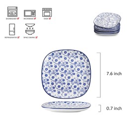 Selamica Porcelain Square Dessert Salad Pasta Plates 7.6 inches ceramic plates set of 6 microwave/dishwasher/oven safe, Vintage Blue