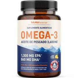 Omega 3 EPA y DHA 3600 mg, Aceite de Pescado Fish Oil, Suplemento Alimenticio de Alta Concentración, 1300 mg EPA + 860 mg DHA, Sin Eructos, 120 Cápsul
