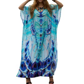 sunforyou Kaftan Dresses for Women Plus Size Swimsuit Cover up Batwing Sleeve Blue Butterfly Loungewear Beach Robe (10861)
