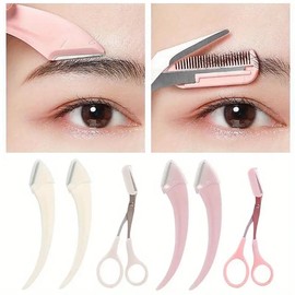 Exemption from postage Curved Eyebrow Razor yebrowScissors With Comb Eyebrow TrimmerSet, Stainless Steel, Beauty ToOl ForBeginners, Suitable For Any SkinTypes Hair Removal Accessories ForMen Women - Color: White eyebrow cutting combination