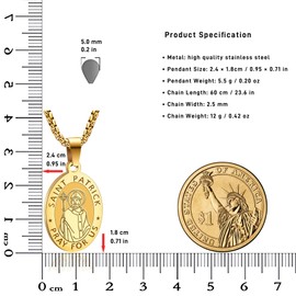 Yaumatea St. Patrick Necklace, Patron Saint of Ireland, Protection Medal, Catholic Gift, Stainless Steel 24" Chain (Gold)