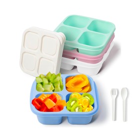 MEEYUU 4 Pack Snack Containers, 4 Compartments Bento Snack Box, Reusable Meal Prep Lunch Containers for Kids Adults, Divided Food Storage Containers for School Work Travel (4 Colors-White lid)