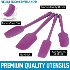 Zulay 4pcs Silicone Spatula Set - Heat Resistant Silicone Tools for Cooking, Baking & Mixing - One Piece Design Spatulas for Non-Stick Cookware - Durable Stainless Steel Core (Purple)