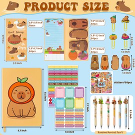 B1ykin Notebook Sticky Notes Stationery Set, 6Pcs Hardcover Ruled Journal Notebook with Planner Stickers, Neutral Pen Bookmarks Clips Birthday Gift for Office Students (Capybara)