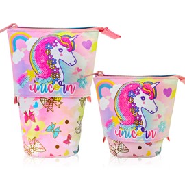 PinkSheep Cute Telescopic Pencil Pen Holder Case, Stand-up Retractable Transformer Pouch Colorful Organizer, Dual-Use Canvas Storage Stationery Bags with Zipper for Kids Students Office