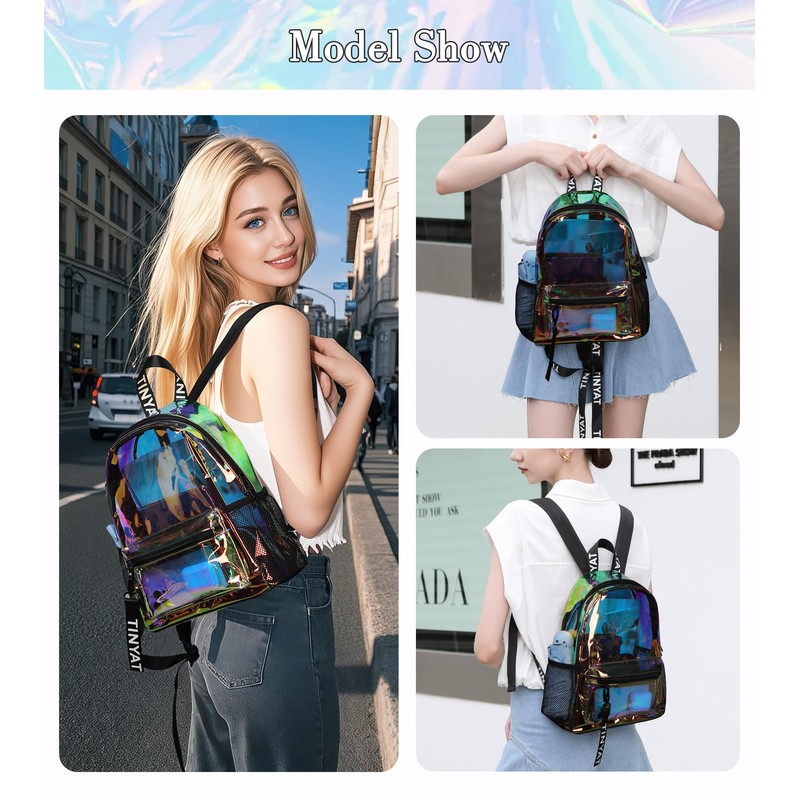 TINYAT Holographic Clear Backpack Mini Colorful Laser Transparent Backpack Heavy