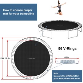 SPORTYOUTH 12FT 14FT 15FT Replacement Trampoline Mat Pad Rechange Bounce Mat 72/88/96 Rings - 15' w/96 V-rings & 6.5" Springs