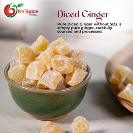 NY SPICE SHOP Pure Diced Ginger Bites Without SO2 – (16 Oz.) 1 Pound Natural and Sweet Crystallized Ginger Chunks without Artificial Flavor - Simply Chewy and High Energy Snacks