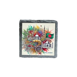 Bangladesh Flag and Landmark Art Slate Coaster, Colorful Rickshaw Design with Taj Mahal and Mosques (slco-kf25-1591)