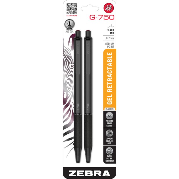 Zebra Pen G-750 Retractable Gel Pen, Black Brass Barrel, Medium