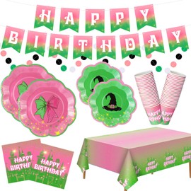 Zhehao 125 Pcs Witch Party Happy Birthday Decorations Pink and Green Tableware Set Includes Disposable Paper Birthday Plates and Napkins Cups Tablecloth and Banner for Girls Serves 24