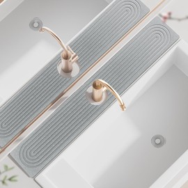 Mvdepodam Faucet Mat for Kitchen Sink, Super Absorbent Diatomite Fast Drying Stone, Sink Splash Guard and Bathroom Stone Tray, Stone Drying Mat for Counter (Light Grey, 23.7" x 4")