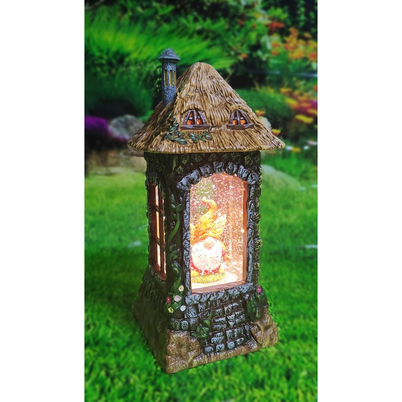 Acrylic Gnome House Lantern LED Light-Up Water Spinning Fall Decoration,