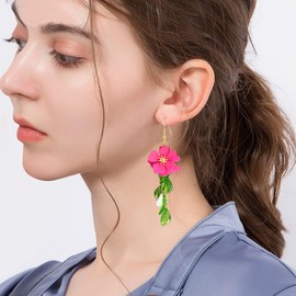 Peasimy Flower Tassel Dangle Earrings for Women Cute Green Leaf Sakura Pearl Earrings Fairy Statement Summer Refreshing Seaside Idyllic Holiday Earrings (Hot Pink)