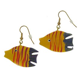 Vintage Handmade Wood Yellow Striped Tropical Fish Pierced Earrings For Women Set