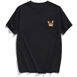 Mens Pocket Cat T Shirt Funny Printed Peeking Pet Kitten Animal Tee for Guys Gift (Black-K3, 2XL)