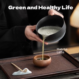 Grnstf Matcha Set 8-Piece Japanese Tea Ceremony Kit with Ceramic Bowl, Bamboo Whisk & Holder, 2 Scoops, Strainer, Tea Cloth - Complete Gift Set for Traditional Brewing(Gradient Black)