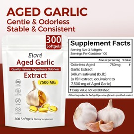 ELARE Aged Garlic Extract Capsules 7500 Odorless - 300 Count, Garlic Supplement, 2-Year Matured - for Heart & Immune Support, Gluten-Free