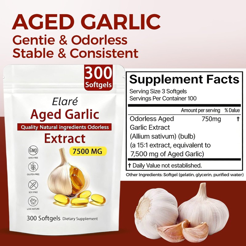 ELARE Aged Garlic Extract Capsules 7500 Odorless - 300 Count,