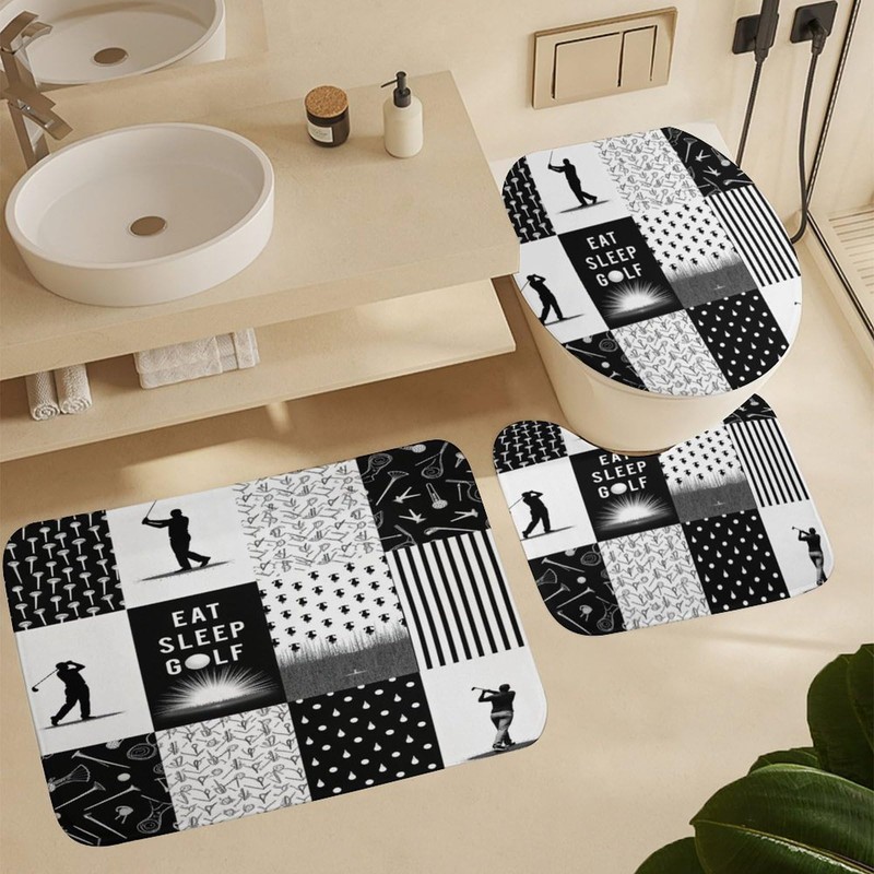 4PCS/Set Modern Golfer Golf Ball Patchwork Black Shower Curtain 72W