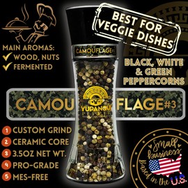 Yupanqui Peppercorn Medley Grinder FOR VEGGIE GRILL 3.5oz, Refillable Pepper Grinder Manual with Organic Peppercorns Mix of Tri Color Peppercorns Whole CAMOUFLAGE