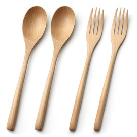 YFWOOD Spoon Fork Set, 4 Pieces, Wooden Cutlery, Dinnerware Set, Total Length 8.9 inches (22.5 cm), Lightweight, Dinner Spoon Fork Set, Soup, Curry, Salad, Spoon, Commute, Bento