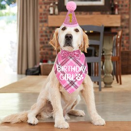 STMK Dog Birthday Outfits, Multi Size Dog Birthday Hat Dog Birthday Girl Bandana Bow Tie Birthday Numbers for Medium Large Dogs Pets (Pink, Large)