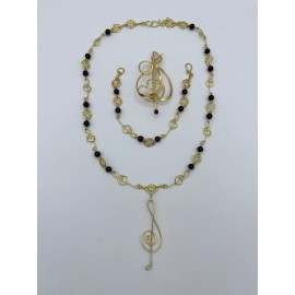 Estate Vintage Estate Treble Clef Necklace, Bracelet, Brooch 925 Vermeil & Garnet Boxed