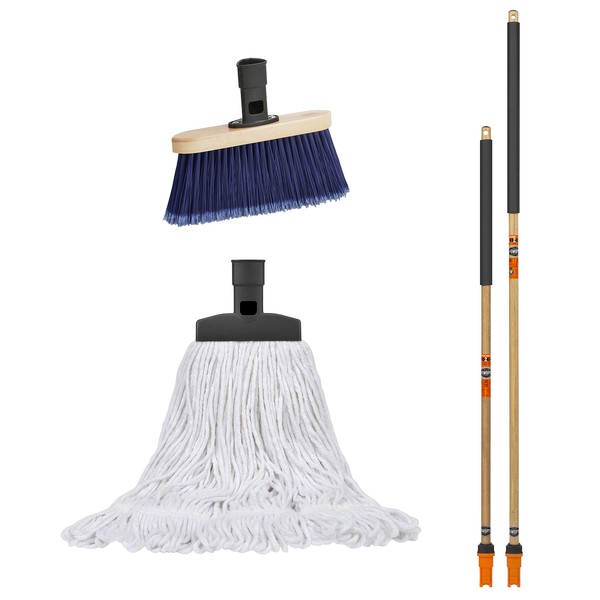 SWOPT Premium Multi-Surface Angle Broom, Cotton Mop + 48” & 60" EVA Foam Comfort Grip Wooden Handles, Combo — Cleaning Heads with Long Handles Interchangeable with All SWOPT Cleaning Products