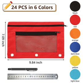 YAYODS 24 Pack Pencil Pouch for 3 Ring Binder, Binder Pouches Bag with Zipper Bulk, Assorted Colors Zipper Pencil Case for Office Supplies, 6 Colors