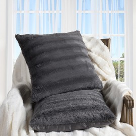 Cheer Collection Faux Fur Throw Pillows for Couch with Inserts Included - Decorative Furry Sofa Pillows - 22" x 22" - Grey (Set of 2)