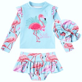 Cutemile Little Girls Long Sleeve Rash Guard 2-Piece Swimsuits Girls Size 3-4T Blue Flamingo Bathing Suits with Ruffle Hat Swimwear Sets UPF 50+ for Beach 3T 4T