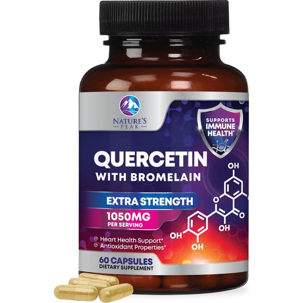 Quercetin - 1050mg Supplement with Bromelain, Zinc & Bioflavonoids, Immune Health Support, Extra Strength Quercetin & Bromelain 1000mg - Non-GMO, Vegan & Gluten Free - 30 Servings, 60 Veggie Capsules