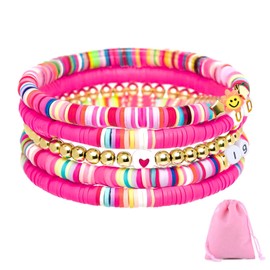 GWAWG 6Pcs Beaded Colour Bracelet Inspired Bracelets Gifts For Friendship Pink Bracelets for Women Girls Teenager Music Lover Preppy Stacking Bracelets Colorful
