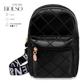 Bolso Bandolera Para Mujer Impermeable Vini Piel Color Negro Diseño de la tela Liso