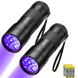 LEAGY 2 Pack 12 LED 395nm Mini UV Flashlights with Batteries - Pet Urine Detector, for Counterfeit Detection, Banknotes, Document Verification etc (Black)