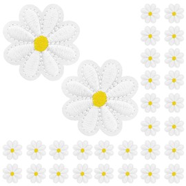 30Pcs Iron on Patches Daisy Flower Embroidery Patches 4cm Applique Patches Felt Flowers Fabric Stickers for Ironing or Sewing on Clothes, Hats, Jeans, Shoes, Bags (White)