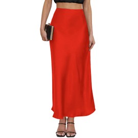 VividMosaic 2025 Satin High Waisted Maxi Skirt Silk A-Line Spring Summer Casual Long Skirts for Women, Red, X-Large