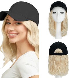 8 Inch Baseball Cap With Hair Extensions BOB Synthetic Hair With Attached Black Hat With One Piece Hair Extensions For Women - Bleach Blonde